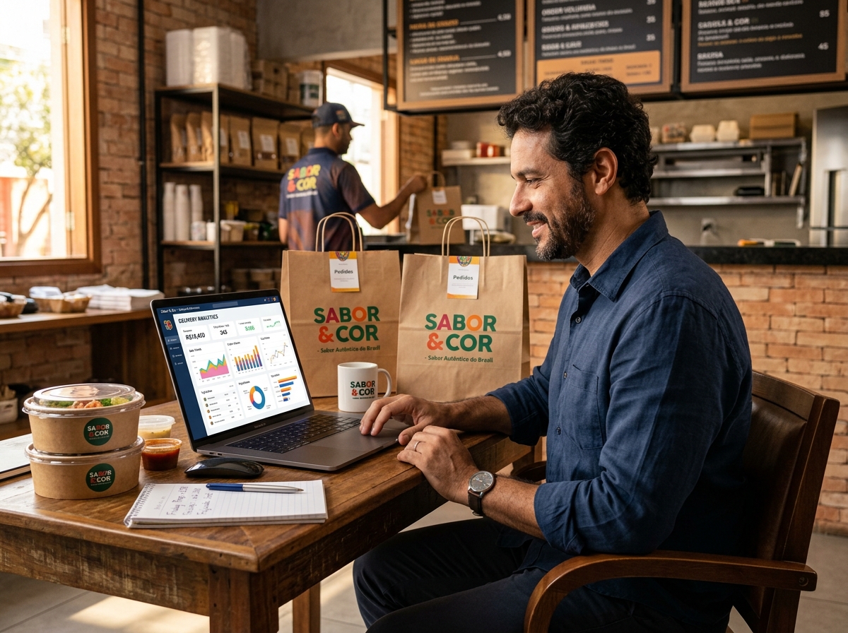 Empresário acompanhando pedidos e resultados do delivery