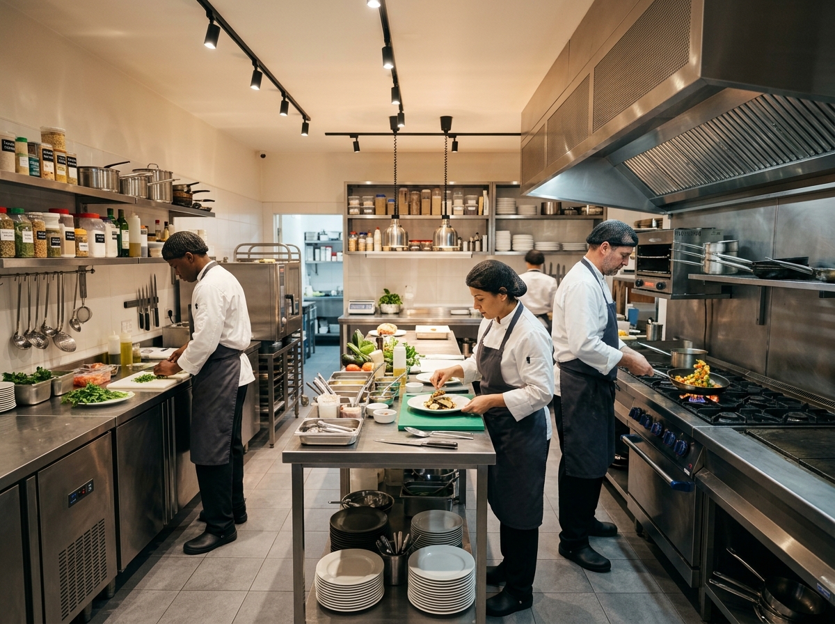 Equipe trabalhando em uma cozinha profissional organizada